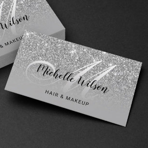 Modern Silver Glitter Monogram Beauty Salon Visitenkarte