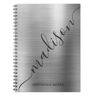 Modern Silver Gray Monogram Script Name Notebook Notizblock