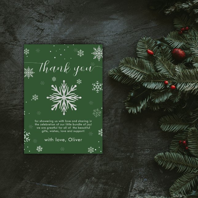 Modern Silver Green Magical Snowflake Baby Shower  Dankeskarte (Modern Silver Green Magical Snowflake Baby Shower Thank You Card)