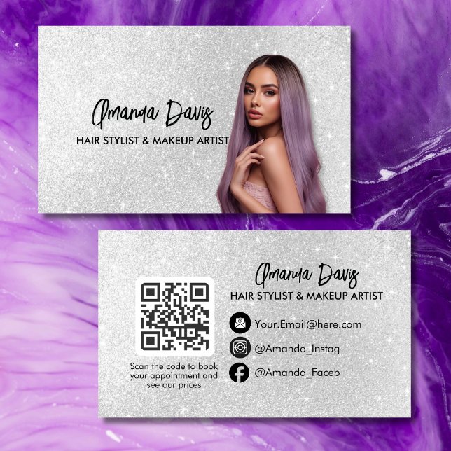 Modern Silver Makeup Photo QR Code Logo Visitenkarte (Von Creator hochgeladen)