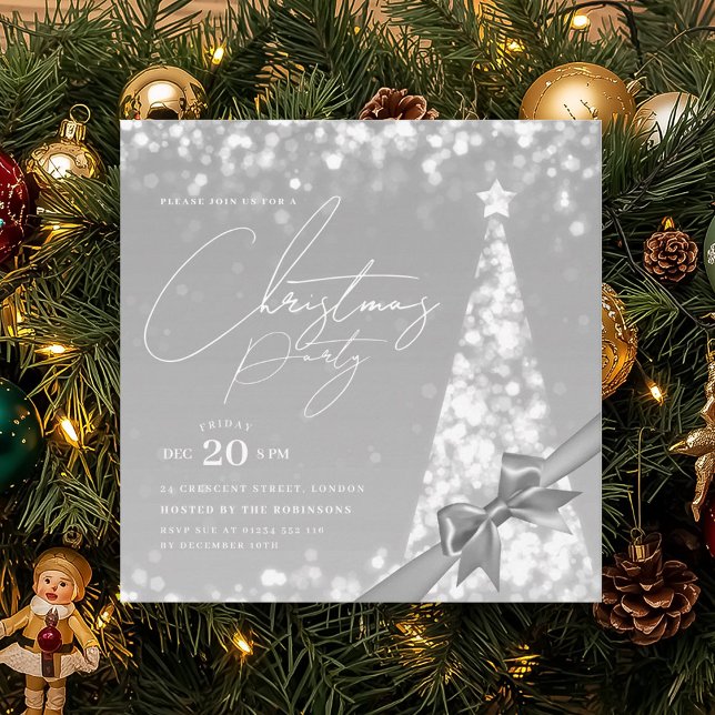 MODERN Silver Winter Christmas Tree Bow Party  Einladung (MODERN Silver Winter Christmas Tree Bow Party Invitation)