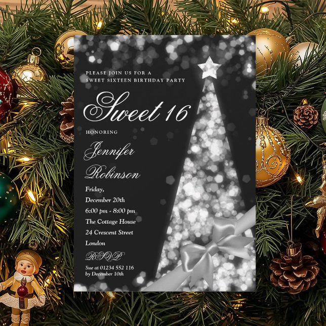 Modern Silver Xmas Tree Ribbon Sweet 16 Birthday  Einladung (Modern Silver Xmas Tree Ribbon Sweet 16 Birthday Invitation)