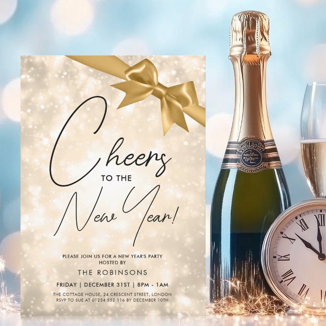 MODERN Silvester Gold Champagne Bokeh Gold Bow Einladung (MODERN New Years Eve Gold Champagne Bokeh Gold Bow Invitation)