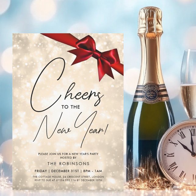 MODERN Silvester Gold Champagne Bokeh Red Bow Einladung (MODERN New Years Eve Gold Champagne Bokeh Red Bow Invitation)