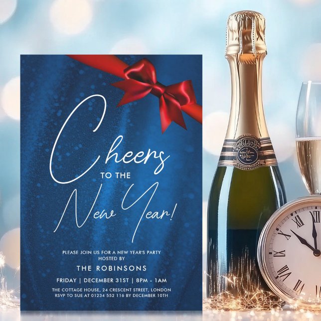 MODERN Silvester Navy Blue Sparkle Sequel Bow Einladung (MODERN New Years Eve Navy Blue Sparkle Sequin Bow Invitation)