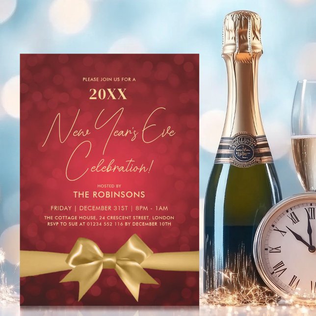 MODERN Silvester Party Red Bokeh Gold Bow Einladung (MODERN New Years Eve Party Red Bokeh Gold Bow Invitation)