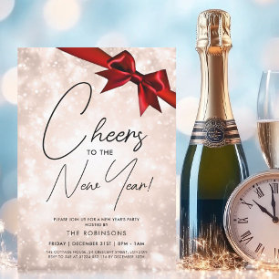 MODERN Silvester Rose Gold Champagne Bokeh Bow Einladung