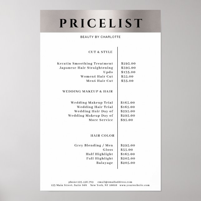 Modern Simpel Silver Salon Preisliste Poster (Vorne)