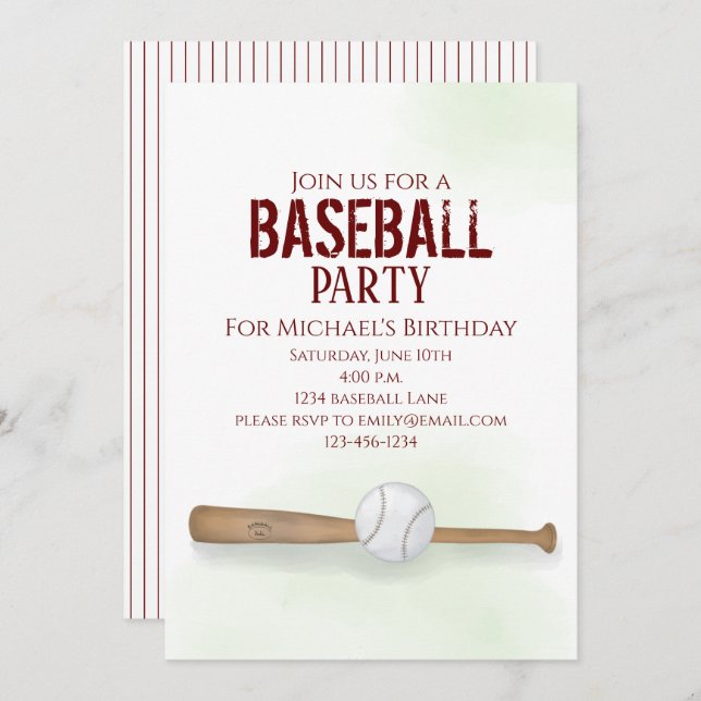Modern Simple Birthday Watercolor Baseball Niedlic Einladung (Vorne/Hinten)