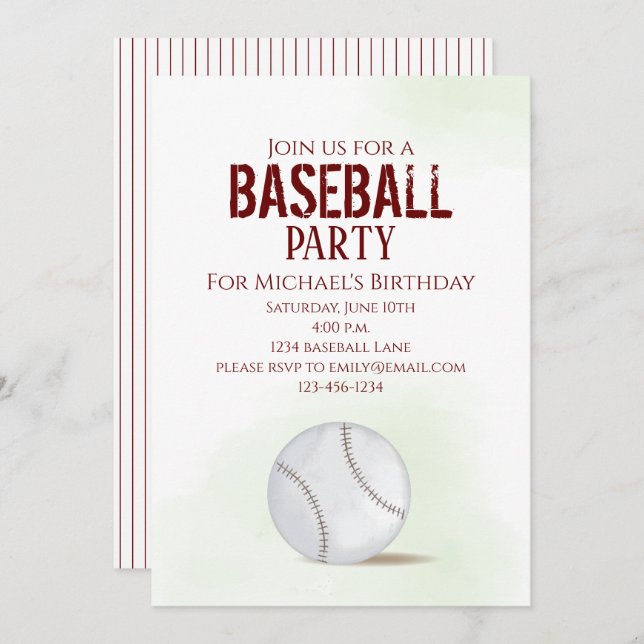 Modern Simple Birthday Watercolor Baseball Niedlic Einladung (Vorne/Hinten)