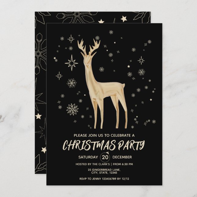 Modern Simple Black and Gold Elegante Deer Xmas Einladung (Vorne/Hinten)