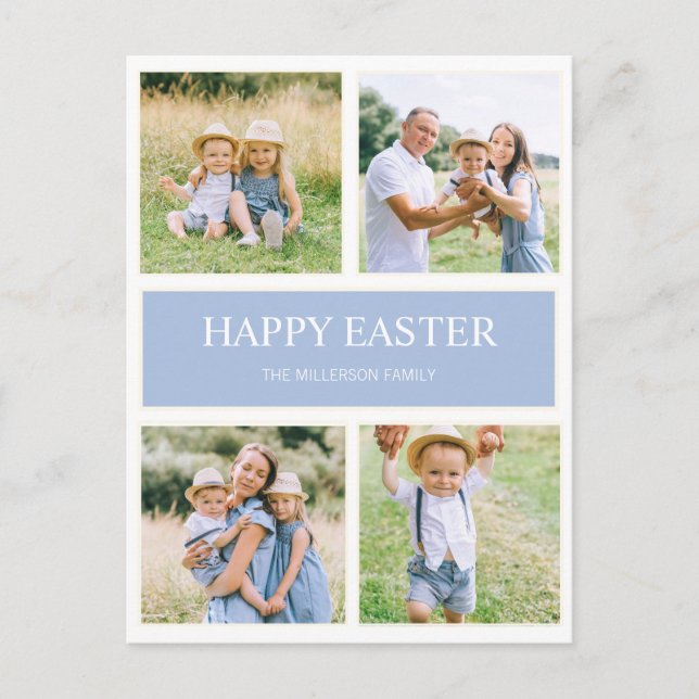 Modern Simple Blue Happy Easter 4 Family Foto Postkarte (Vorderseite)