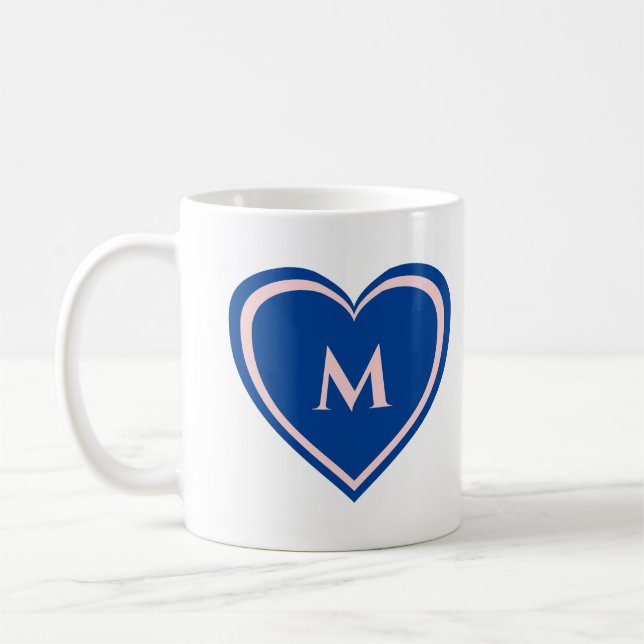 Modern Simple Blue Pink Heart Monogram Kaffeetasse (Links)