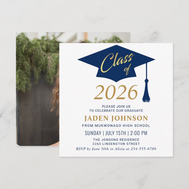 Modern Simple Class of 2025 FOTO Graduation Party Einladung (Vorne/Hinten)