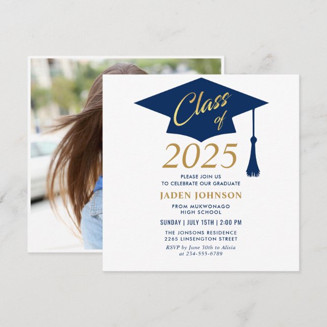 Modern Simple Class of 2025 FOTO Graduation Party Einladung (Vorne/Hinten)