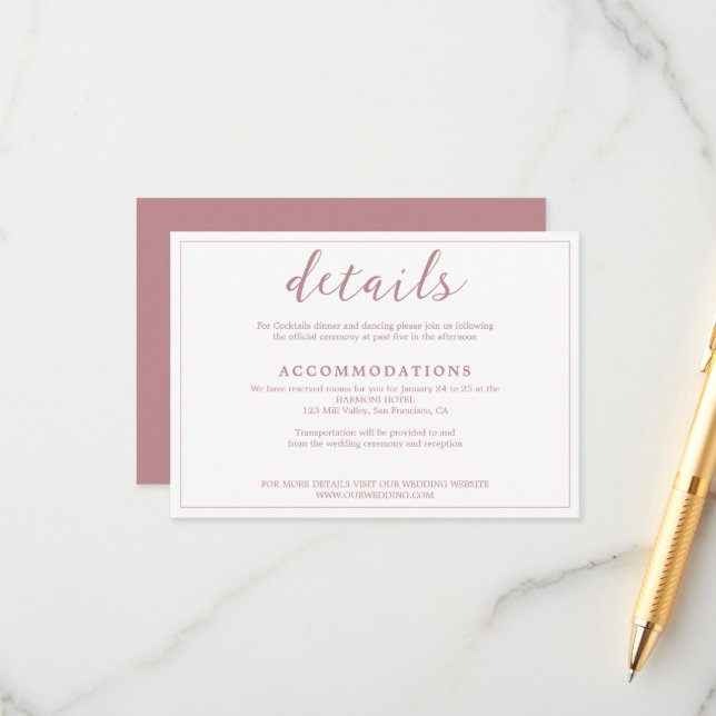 Modern Simple Dusty Rose Script in White Wedding Begleitkarte (Vorderseite/Rückseite Beispiel)