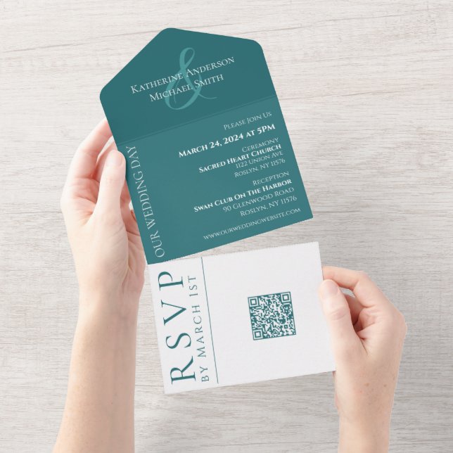 Modern Simple Emerald Green Wedding- All In One Einladung (Abreißen)