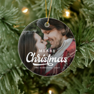 Modern Simple Foto Frohe Weihnachten Tartan Keramik Ornament