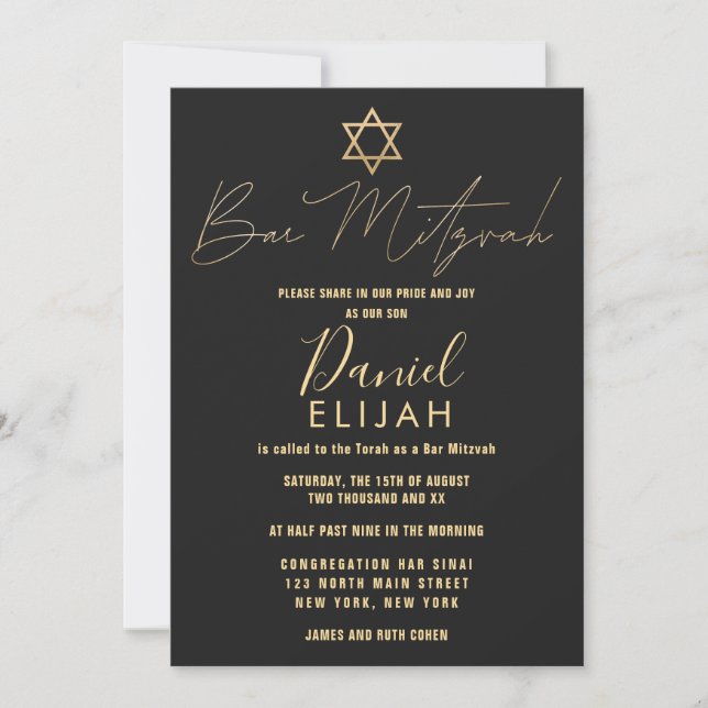 Modern Simple Gold Black Star Bar Mitzvah Einladung (Vorderseite)