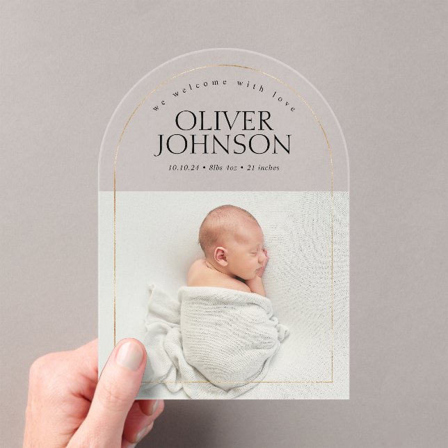 Modern Simple Golden Arch Baby Photo Birth Acryleinladungen (Insitu (Handheld))