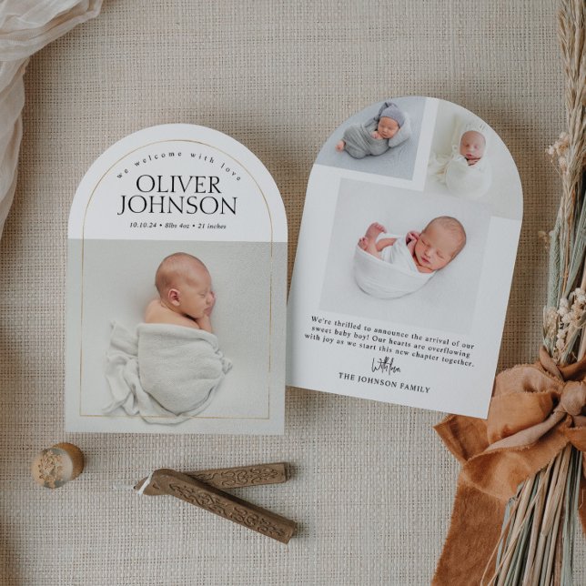 Modern Simple Golden Arch Baby Photo Birth Einladung (Von Creator hochgeladen)