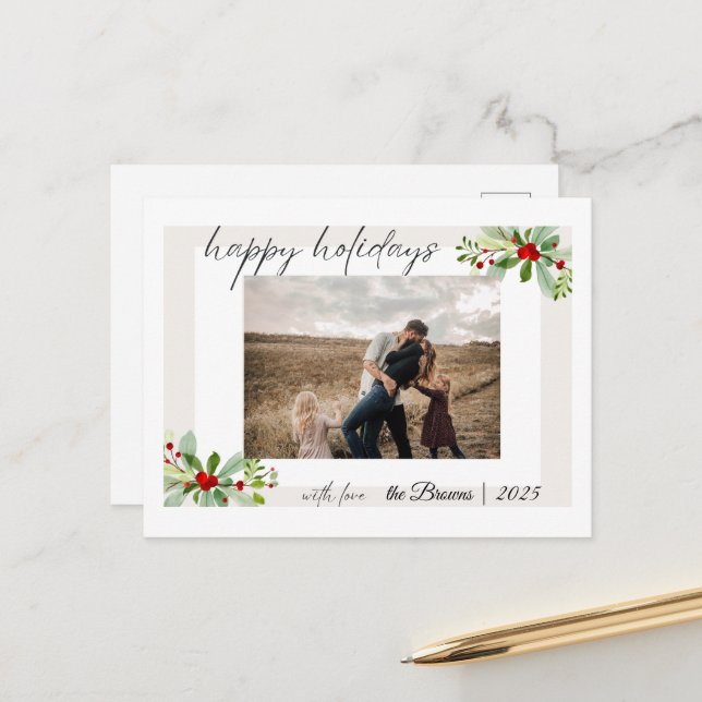 Modern Simple Happy Holidays Family Photo Card Postkarte (Vorderseite/Rückseite Beispiel)