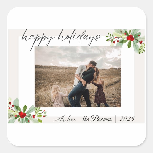 Modern Simple Happy Holidays Family Photo Card Quadratischer Aufkleber (Vorderseite)