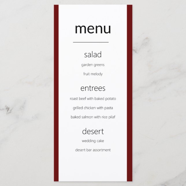 Modern Simple Maroon und White Wedding Menu Card Menükarte (Vorderseite)