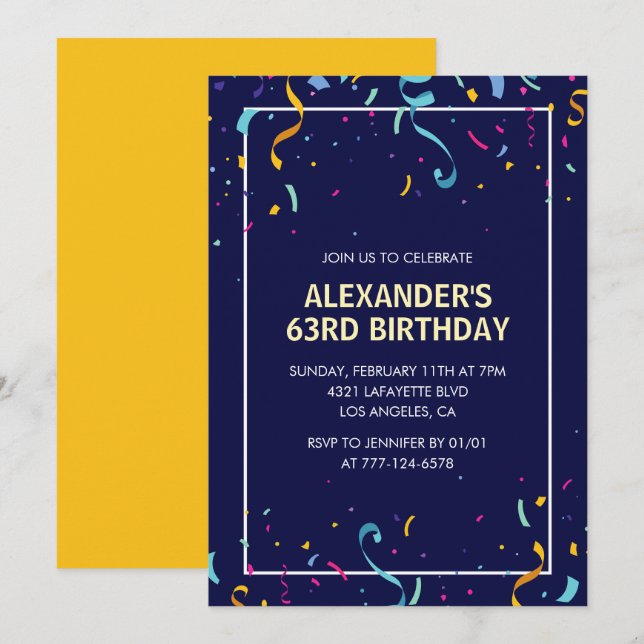 Modern Simple Men Confetti 63. Geburtstag Einladung (Vorne/Hinten)