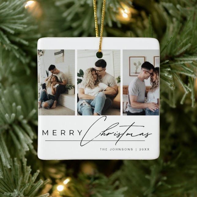 Modern Simple Merry Christmas Elegant Script Photo Keramikornament (Baum)