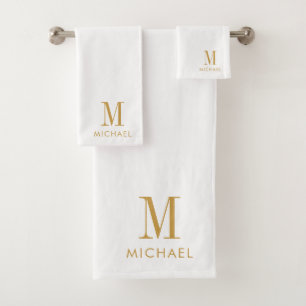 Modern Simple Monogram Gold Script Name White Badhandtuch Set