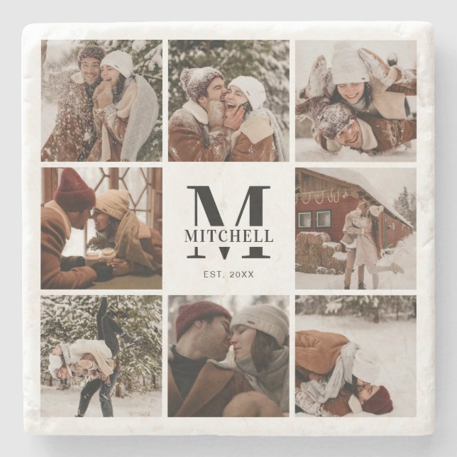 Modern Simple Monogram, Initial Family Name & Foto Steinuntersetzer (Vorderseite)