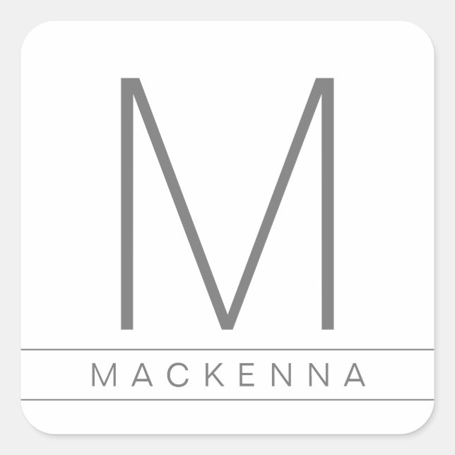 Modern Simple Monogram Name Gray White Strip Quadratischer Aufkleber (Vorderseite)