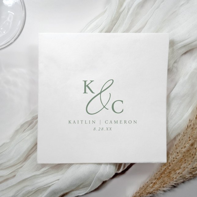 Modern Simple Monogram Sage Green Wedding Serviette (Elegant sage green wedding logo / monogram napkins in a simple modern design.)