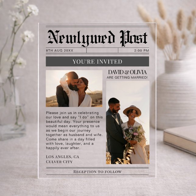 Modern Simple Newspaper Wedding Acryleinladungen (Von Creator hochgeladen)