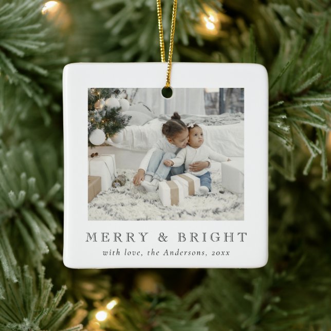 Modern Simple Photo Merry and Bright Christmas Keramikornament (Baum)
