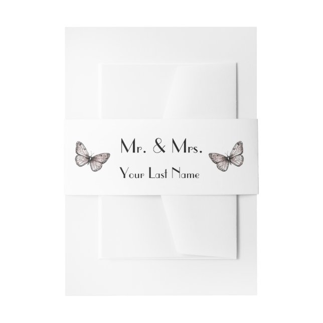 Modern Simple Pink Butterflies  Mr + Mrs  Einladungsbanderole (Vorderseite Beispiel)