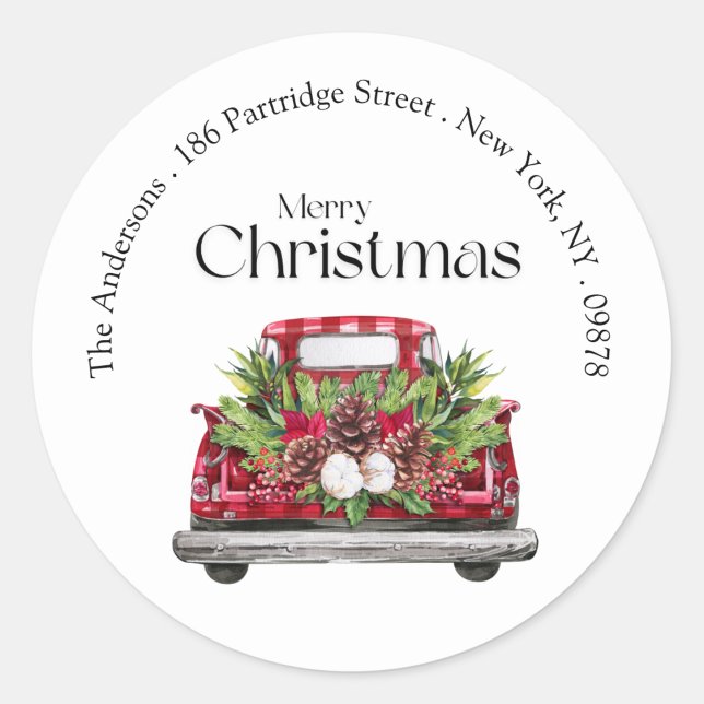 Modern Simple Red Truck Weihnachten Rücksendeadres Runder Aufkleber (Von Creator hochgeladen)