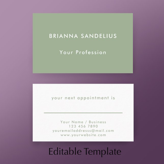Modern Simple Sage Green Custom Business Terminkarte (Add your custom text to this modern sage green appointment card template.
)