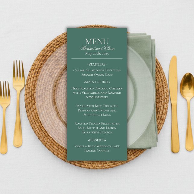 Modern Simple Sage Green Elegantes Hochzeitsessen Menükarte (Modern Sage Green Wedding Menu
)