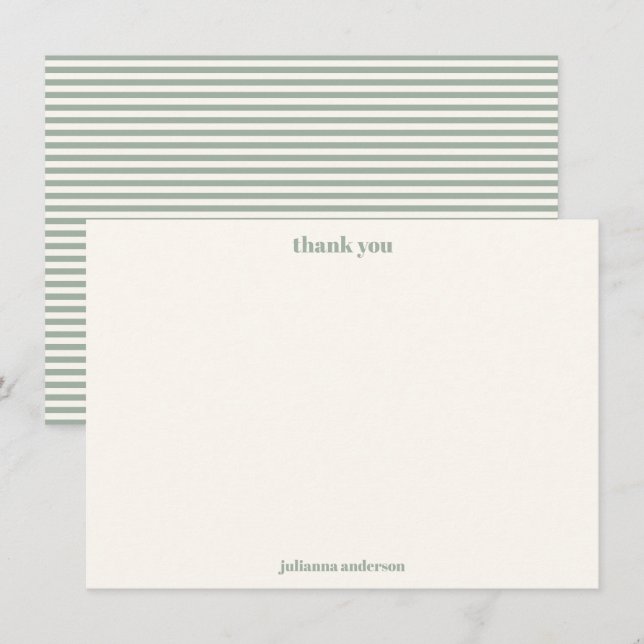 Modern Simple Sage Green Stripes Personalized Name Dankeskarte (Vorne/Hinten)