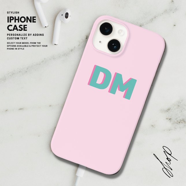 Modern Simple Shadow Monogram Initials Pink Green iPhone Hülle (Von Creator hochgeladen)