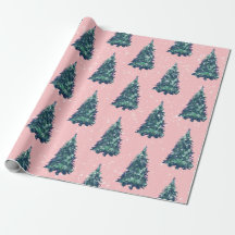Modern Simple Snowy Green Christmas Trees Pink