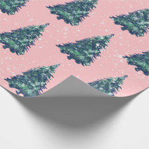 Modern Simple Snowy Green Christmas Trees Pink Geschenkpapier