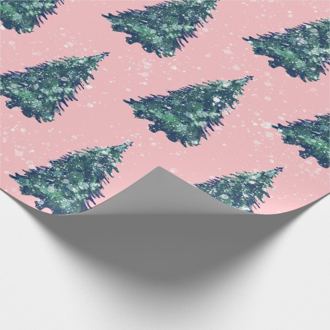 Modern Simple Snowy Green Christmas Trees Pink Geschenkpapier (Ecke)