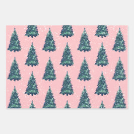 Modern Simple Snowy Green Christmas Trees Pink Geschenkpapier Set