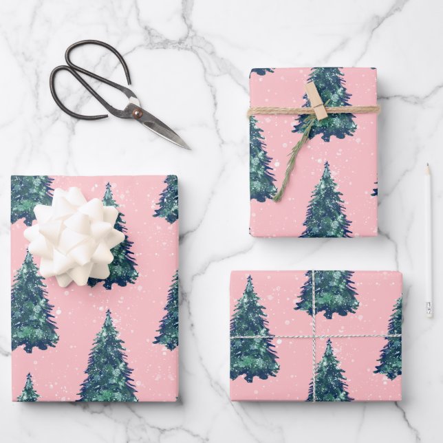 Modern Simple Snowy Green Christmas Trees Pink Geschenkpapier Set (Vorderseite)