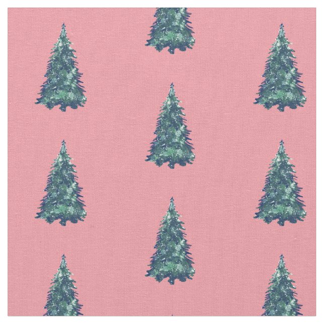 Modern Simple Snowy Green Christmas Trees Pink Stoff (Nahaufnahme)