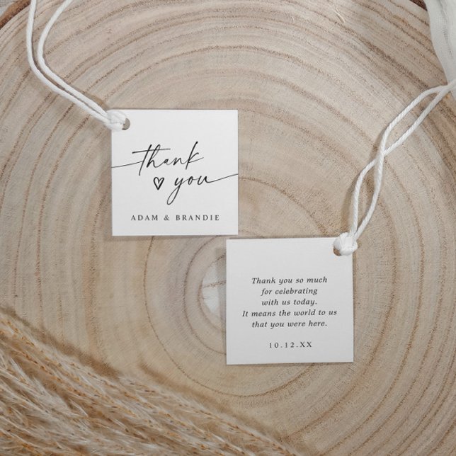 Modern Simple Thank You Handwriting Heart Wedding Geschenkanhänger (Wedding thank you favor tags with minimalist modern handwriting script and back message.)