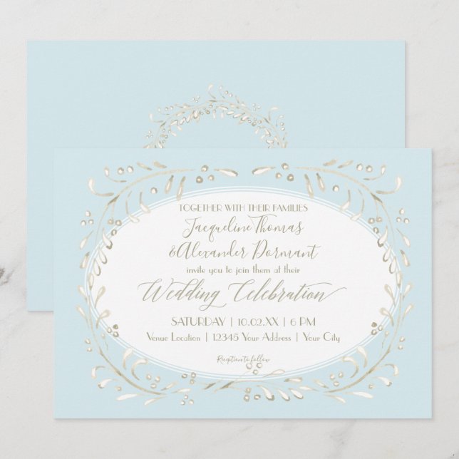 Modern Simple Watercolor Foliage Blue Script Einladung (Vorne/Hinten)